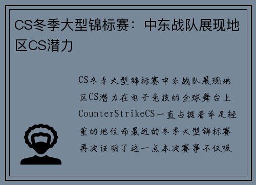 CS冬季大型锦标赛：中东战队展现地区CS潜力